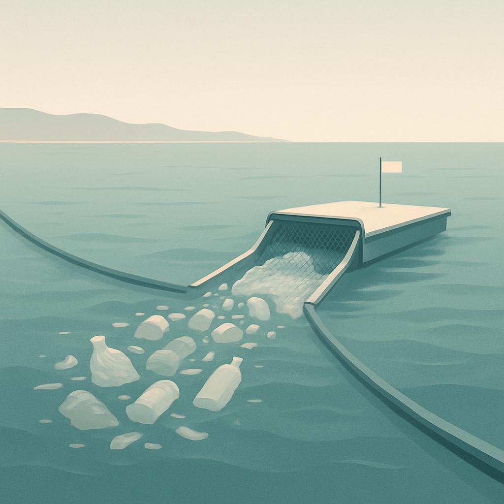 A balsa que flota sobre el agua se derrama hacia abajo, dejando atrás un rastro de objetos que parecen bultos pequeños.