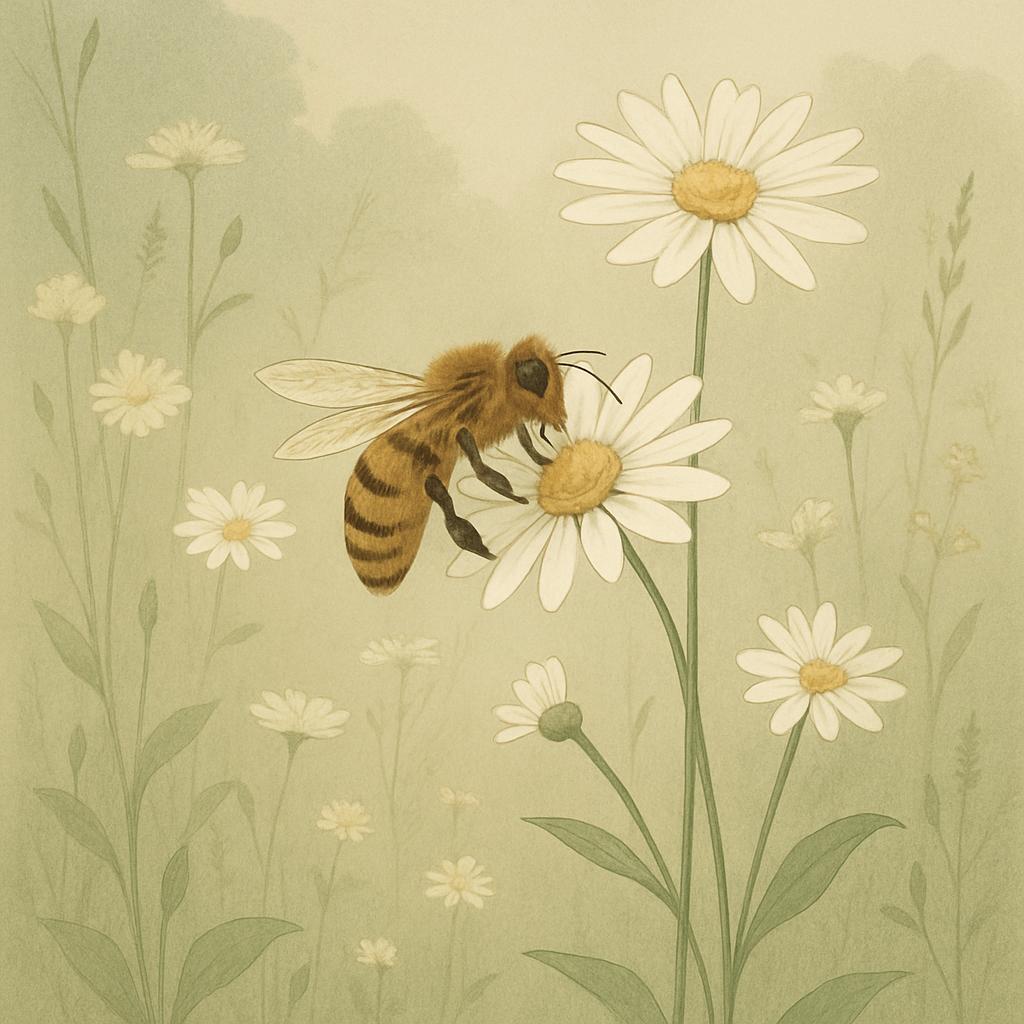 Una abeja en un campo de flores con una celda abejas.